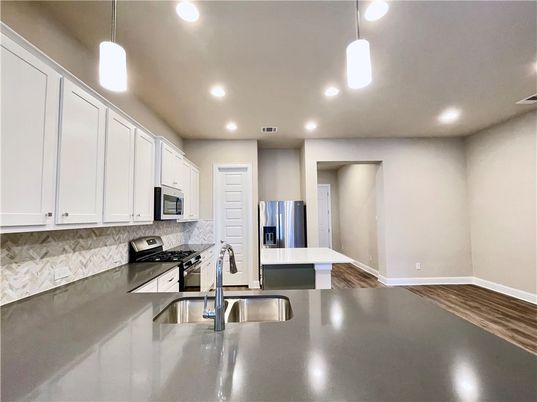 Interior, Kitchen, Pendant Lights, Recessed Lighting, Stainless Steel Appliances, Wood Texture Flooring