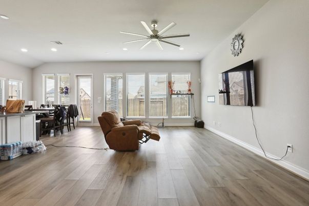 Dining room, Interior, Recessed Lighting, Wood Texture Flooring