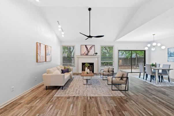 Dining room, Fireplace, Interior, Living room, Pendant Lights, Wood Texture Flooring