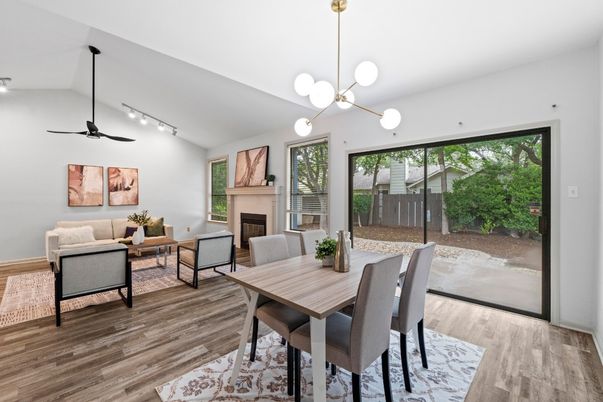 Dining room, Fireplace, Interior, Living room, Pendant Lights, Wood Texture Flooring