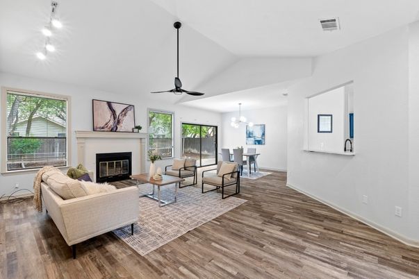 Chandelier, Dining room, Fireplace, Interior, Living room, Pendant Lights, Wood Texture Flooring