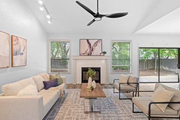 Fireplace, Interior, Living room, Recessed Lighting, Wood Texture Flooring