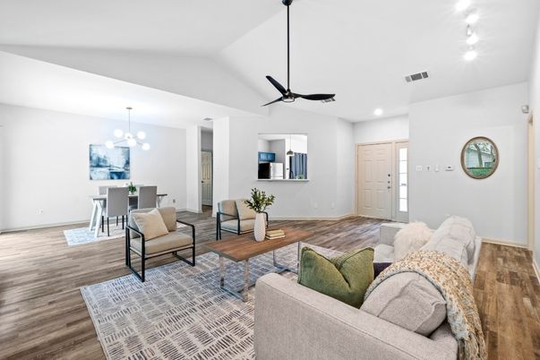 Dining room, Interior, Living room, Pendant Lights, Recessed Lighting, Wood Texture Flooring