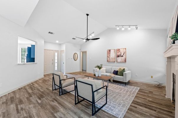 Fireplace, Interior, Living room, Recessed Lighting, Wood Texture Flooring