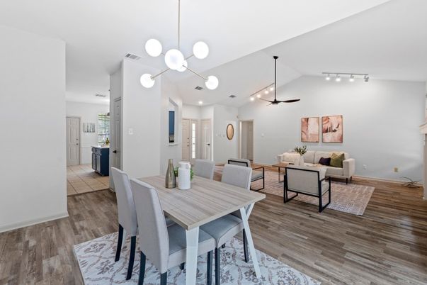 Dining room, Interior, Living room, Pendant Lights, Recessed Lighting, Wood Texture Flooring