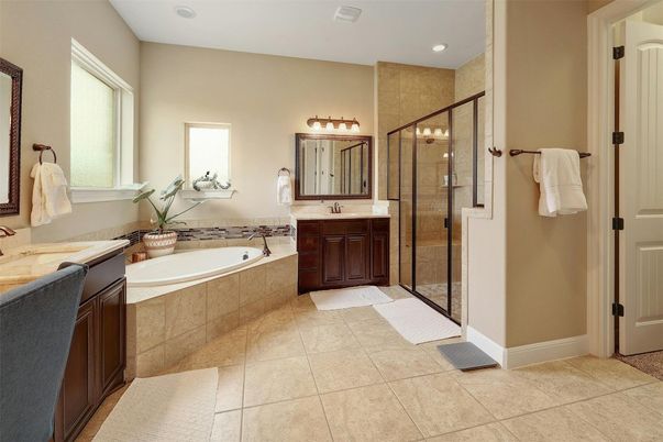 Bathroom, Dual Sink Vanities, Glass Shower, Interior, Recessed Lighting