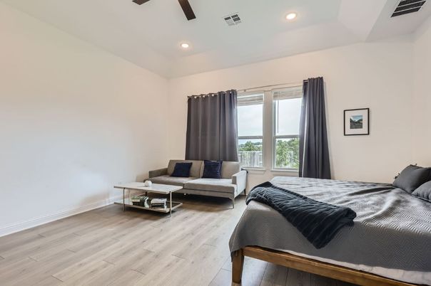 Bedroom, Interior, Recessed Lighting, Wood Texture Flooring