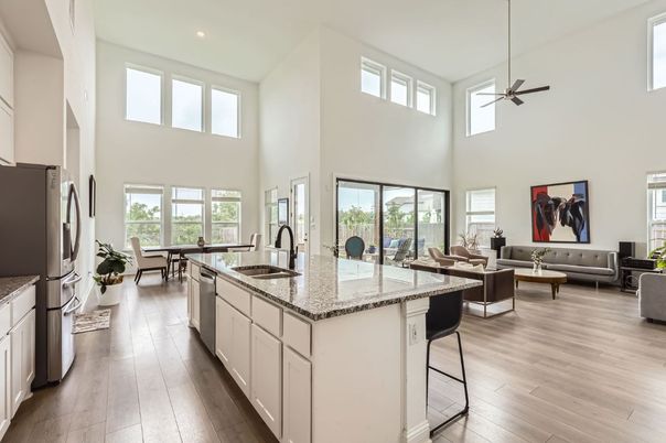 Dining room, Interior, Kitchen, Living room, Recessed Lighting, Wood Texture Flooring