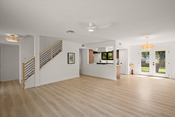 Empty room, Interior, Pendant Lights, Recessed Lighting, Wood Texture Flooring