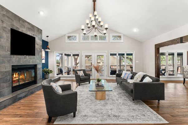 Chandelier, Fireplace, Interior, Living room, Recessed Lighting, Wood Texture Flooring