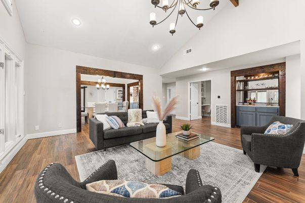 Chandelier, Dining room, Interior, Living room, Recessed Lighting, Wooden Beams, Wood Texture Flooring