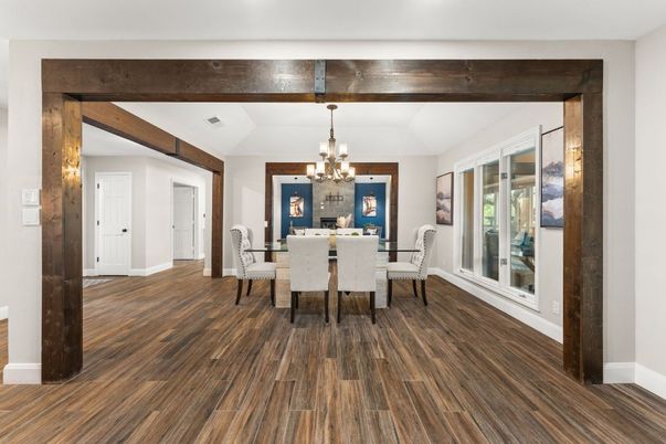 Chandelier, Dining room, Interior, Wooden Beams, Wood Texture Flooring