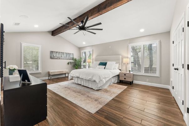 Bedroom, Interior, Recessed Lighting, Wooden Beams, Wood Texture Flooring