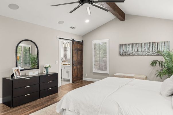 Bedroom, Interior, Recessed Lighting, Wooden Beams, Wood Texture Flooring