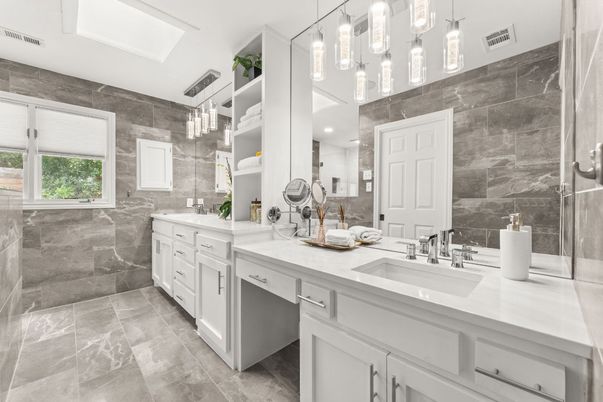Bathroom, Dual Sink Vanities, Glass Shower, Interior, Pendant Lights, Recessed Lighting