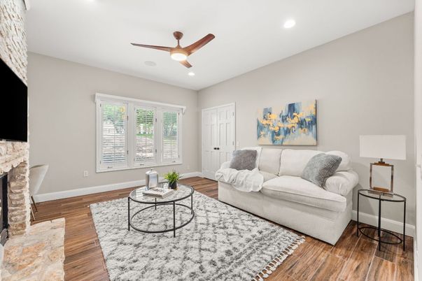 Fireplace, Interior, Living room, Recessed Lighting, Wood Texture Flooring