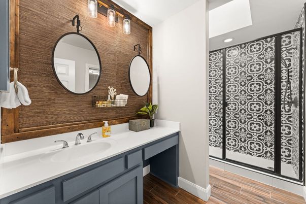 Bathroom, Dual Sink Vanities, Interior, Recessed Lighting, Wood Texture Flooring