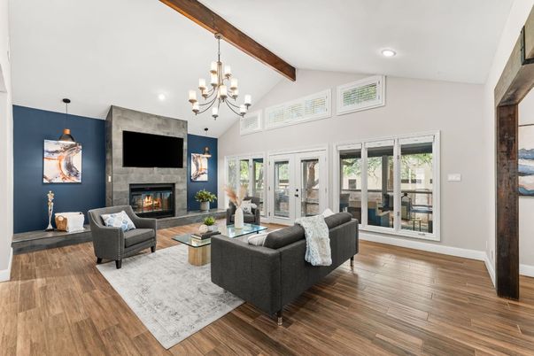 Chandelier, Fireplace, Interior, Living room, Recessed Lighting, Wooden Beams, Wood Texture Flooring