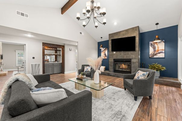 Chandelier, Fireplace, Interior, Living room, Pendant Lights, Recessed Lighting, Wooden Beams, Wood Texture Flooring
