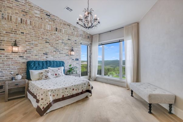 Bedroom, Chandelier, Interior, Stone Walls, Wood Texture Flooring