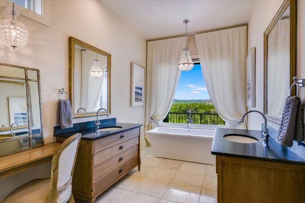 Bathroom, Dual Sink Vanities, Free Standing Baths, Interior, Marble, Pendant Lights