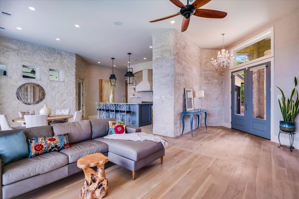 Chandelier, Dining room, Interior, Kitchen, Living room, Pendant Lights, Recessed Lighting, Stone Walls, Wood Texture Flooring