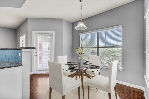 Dining room, Interior, Pendant Lights, Wood Texture Flooring