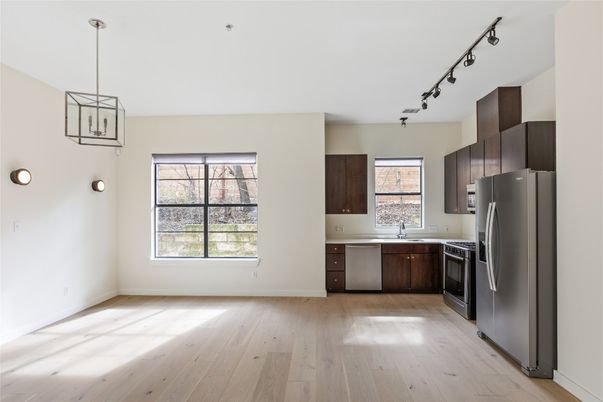 Interior, Kitchen, Pendant Lights, Stainless Steel Appliances, Wood Texture Flooring