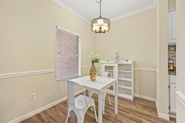 Dining room, Interior, Pendant Lights, Wood Texture Flooring