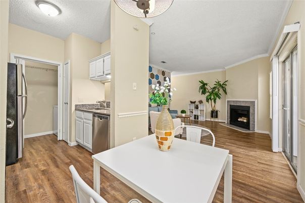 Dining room, Fireplace, Interior, Kitchen, Wood Texture Flooring