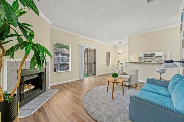 Dining room, Fireplace, Interior, Living room, Pendant Lights, Wood Texture Flooring