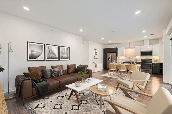 Dining room, Interior, Kitchen, Living room, Pendant Lights, Recessed Lighting, Stainless Steel Appliances, Wood Texture Flooring