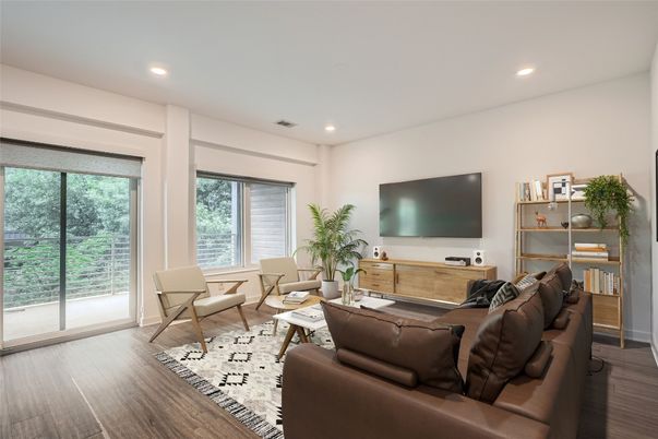 Interior, Living room, Recessed Lighting, Wood Texture Flooring