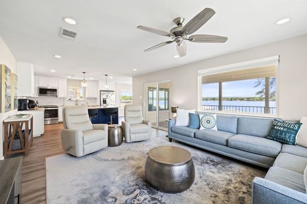 Interior, Kitchen, Living room, Pendant Lights, Recessed Lighting, Stainless Steel Appliances, Water, Wood Texture Flooring