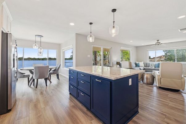 Dining room, Interior, Living room, Pendant Lights, Recessed Lighting, Water, Wood Texture Flooring