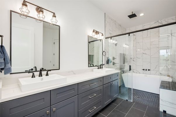 Bathroom, Dual Sink Vanities, Glass Shower, Interior, Marble Walls, Recessed Lighting