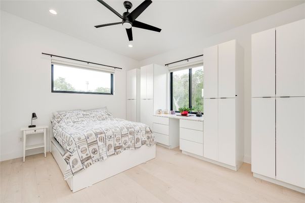 Bedroom, Interior, Recessed Lighting, Wood Texture Flooring