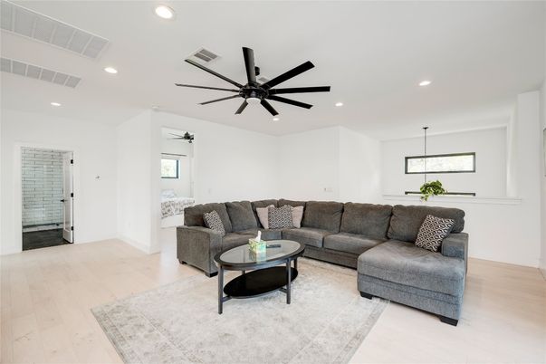 Interior, Living room, Pendant Lights, Recessed Lighting, Wood Texture Flooring