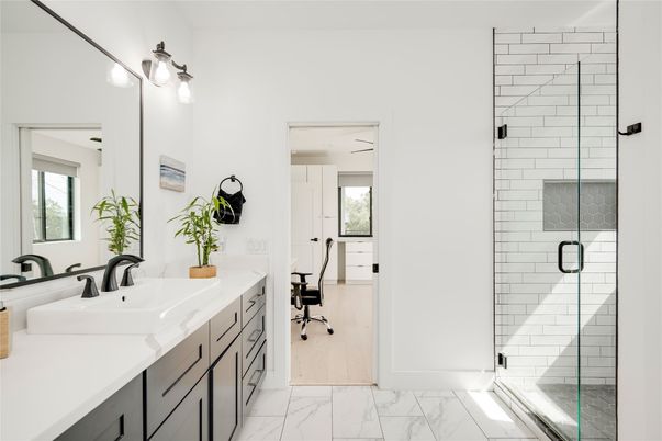 Bathroom, Dual Sink Vanities, Glass Shower, Interior, Marble