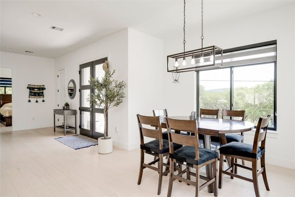 Dining room, Interior, Pendant Lights, Recessed Lighting, Wood Texture Flooring
