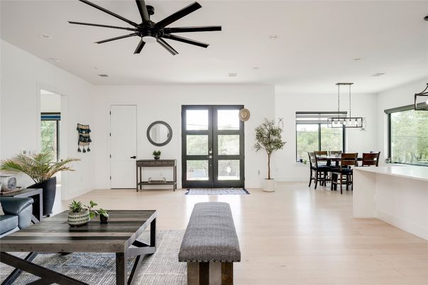 Dining room, Interior, Pendant Lights, Recessed Lighting, Wood Texture Flooring