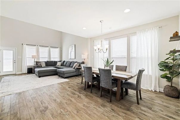 Chandelier, Dining room, Interior, Living room, Pendant Lights, Recessed Lighting, Wood Texture Flooring