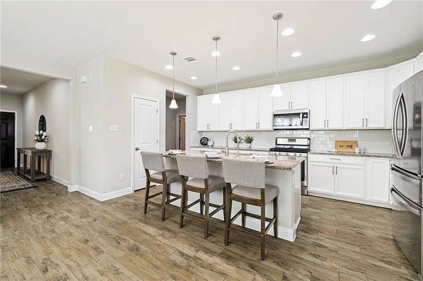 Interior, Kitchen, Pendant Lights, Recessed Lighting, Stainless Steel Appliances, Wood Texture Flooring