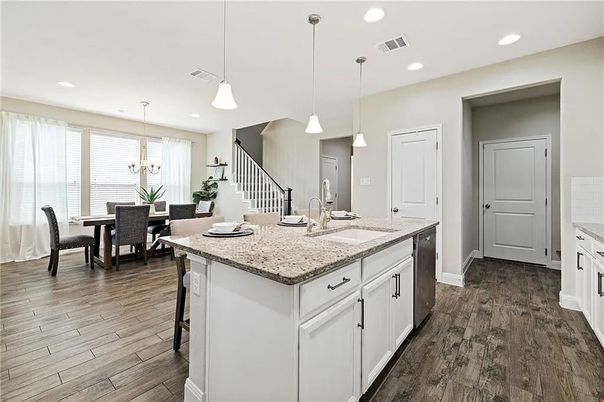 Dining room, Interior, Kitchen, Pendant Lights, Recessed Lighting, Wood Texture Flooring