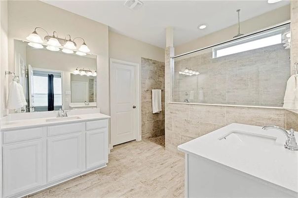 Bathroom, Dual Sink Vanities, Glass Shower, Interior, Recessed Lighting