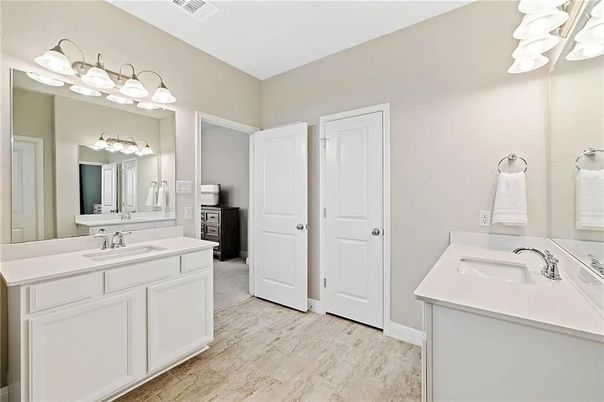 Bathroom, Dual Sink Vanities, Interior, Wood Texture Flooring