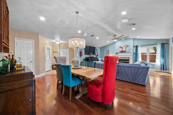 Chandelier, Dining room, Fireplace, Interior, Living room, Recessed Lighting, Wood Texture Flooring