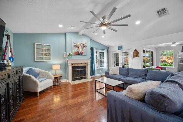 Fireplace, Interior, Living room, Recessed Lighting, Wood Texture Flooring