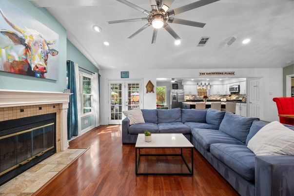 Fireplace, Interior, Kitchen, Living room, Recessed Lighting, Wood Texture Flooring