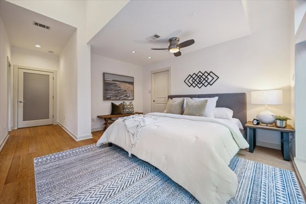 Bedroom, Interior, Recessed Lighting, Wood Texture Flooring